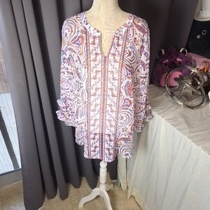 Liz Claiborne Blouse‎ Women XL White Floral V-Neck Long Sleeve Pullover Casual